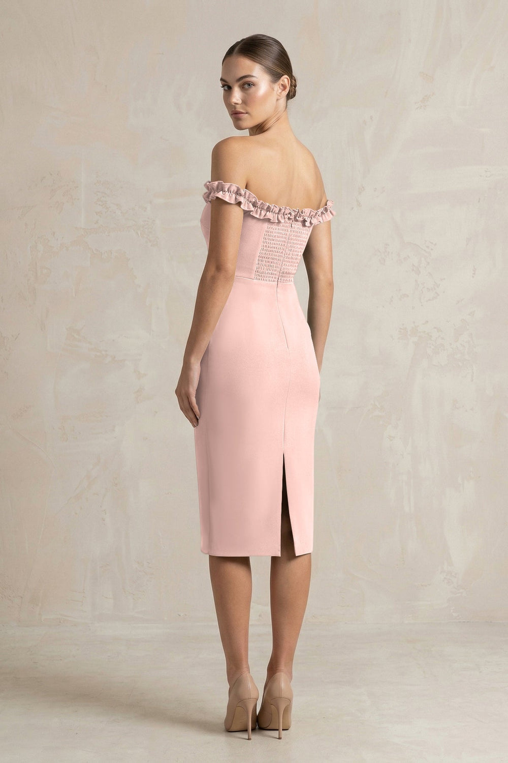 Off - the - Shoulder Sheath Ruffled Midi Bridesmaid Dress in English Rose - KissProm Bridesmaid Dresses