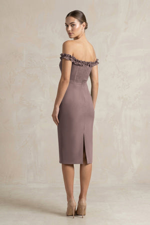 Off - the - Shoulder Sheath Ruffled Midi Bridesmaid Dress in Espresso - KissProm Bridesmaid Dresses