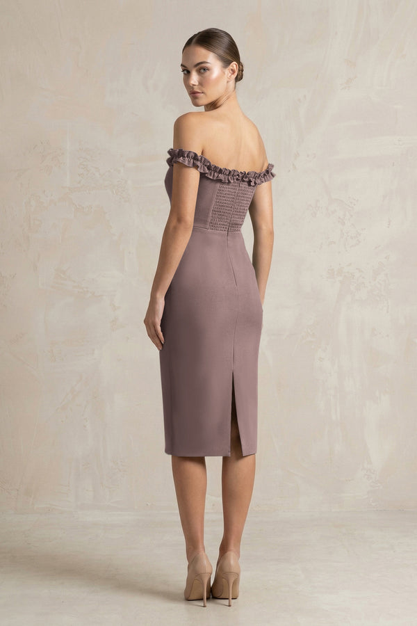Off - the - Shoulder Sheath Ruffled Midi Bridesmaid Dress in Espresso - KissProm Bridesmaid Dresses