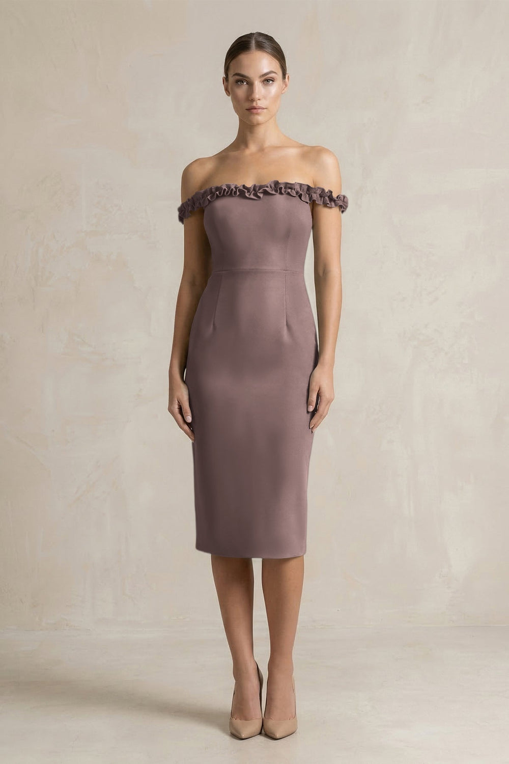Off - the - Shoulder Sheath Ruffled Midi Bridesmaid Dress in Espresso - KissProm Bridesmaid Dresses