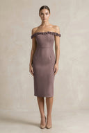 Off - the - Shoulder Sheath Ruffled Midi Bridesmaid Dress in Espresso - KissProm Bridesmaid Dresses