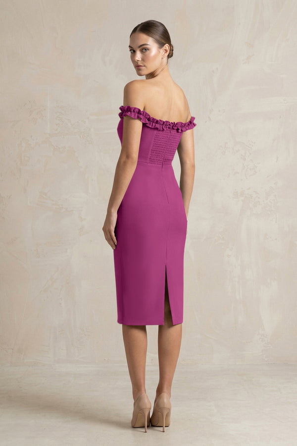 Off - the - Shoulder Sheath Ruffled Midi Bridesmaid Dress in Fig - KissProm Bridesmaid Dresses