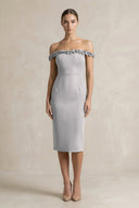 Off - the - Shoulder Sheath Ruffled Midi Bridesmaid Dress in Frost - KissProm Bridesmaid Dresses