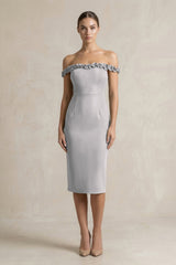 Off - the - Shoulder Sheath Ruffled Midi Bridesmaid Dress in Frost - KissProm Bridesmaid Dresses