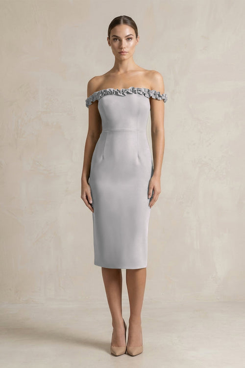 KissProm | Off-the-Shoulder Sheath Ruffled Midi Satin Bridesmaid Dress in  Frost