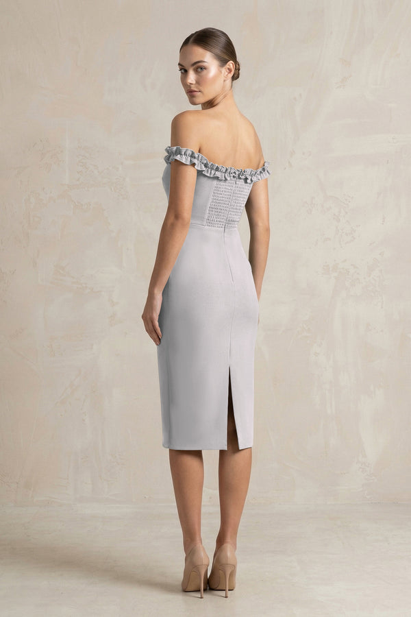 Off - the - Shoulder Sheath Ruffled Midi Bridesmaid Dress in Frost - KissProm Bridesmaid Dresses
