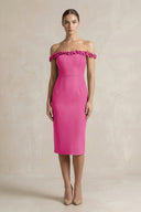 Off - the - Shoulder Sheath Ruffled Midi Bridesmaid Dress in Fuchsia - KissProm Bridesmaid Dresses