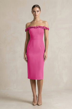 Off - the - Shoulder Sheath Ruffled Midi Bridesmaid Dress in Fuchsia - KissProm Bridesmaid Dresses