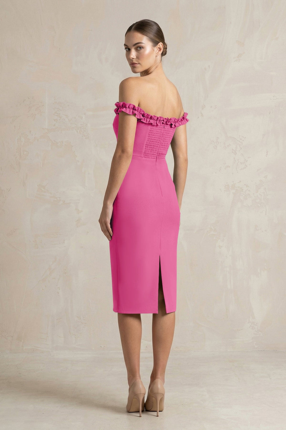 Off - the - Shoulder Sheath Ruffled Midi Bridesmaid Dress in Fuchsia - KissProm Bridesmaid Dresses