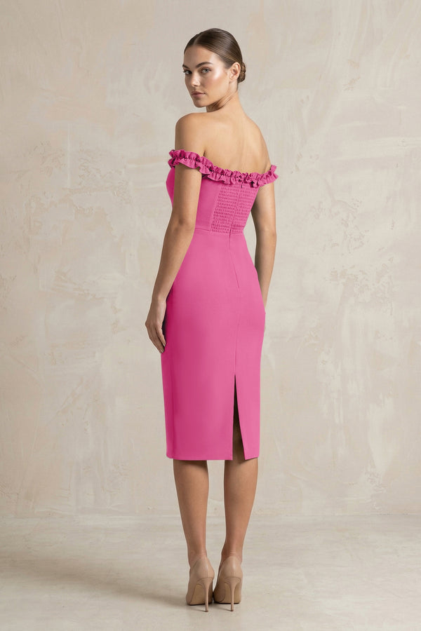 Off - the - Shoulder Sheath Ruffled Midi Bridesmaid Dress in Fuchsia - KissProm Bridesmaid Dresses