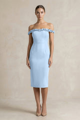 Off - the - Shoulder Sheath Ruffled Midi Bridesmaid Dress in Ice - KissProm Bridesmaid Dresses