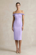 Off - the - Shoulder Sheath Ruffled Midi Bridesmaid Dress in Lavender - KissProm Bridesmaid Dresses