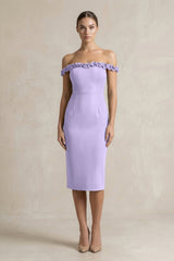 Off - the - Shoulder Sheath Ruffled Midi Bridesmaid Dress in Lavender - KissProm Bridesmaid Dresses