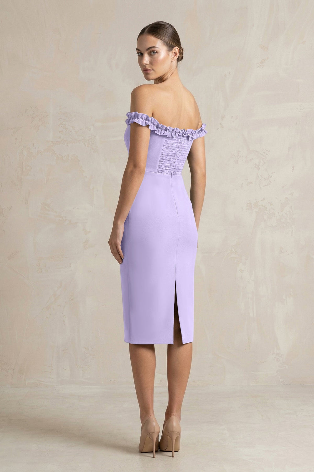 Off - the - Shoulder Sheath Ruffled Midi Bridesmaid Dress in Lavender - KissProm Bridesmaid Dresses