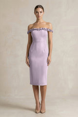 Off - the - Shoulder Sheath Ruffled Midi Bridesmaid Dress in Lavender Grey - KissProm Bridesmaid Dresses