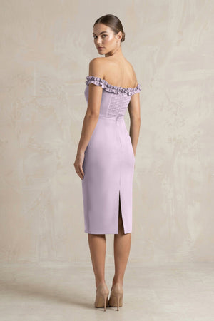 Off - the - Shoulder Sheath Ruffled Midi Bridesmaid Dress in Lavender Grey - KissProm Bridesmaid Dresses