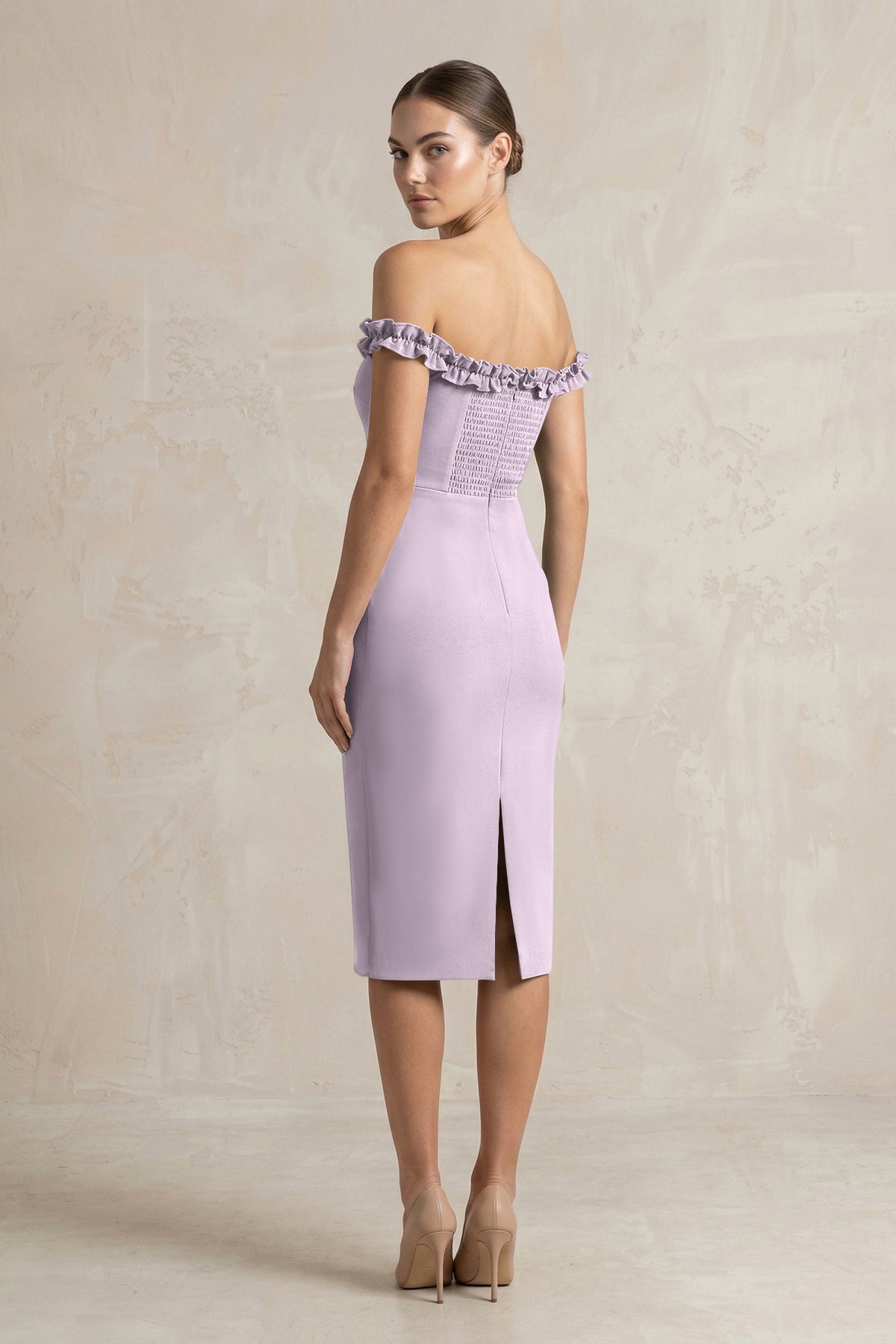 KissProm | Off-the-Shoulder Sheath Ruffled Midi Satin Bridesmaid Dress in  Lavender Grey