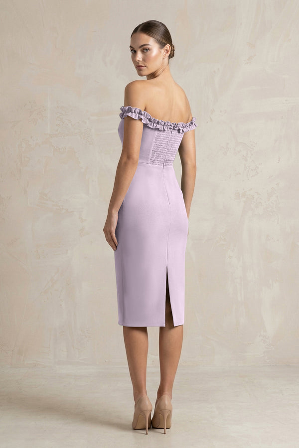 Off - the - Shoulder Sheath Ruffled Midi Bridesmaid Dress in Lavender Grey - KissProm Bridesmaid Dresses