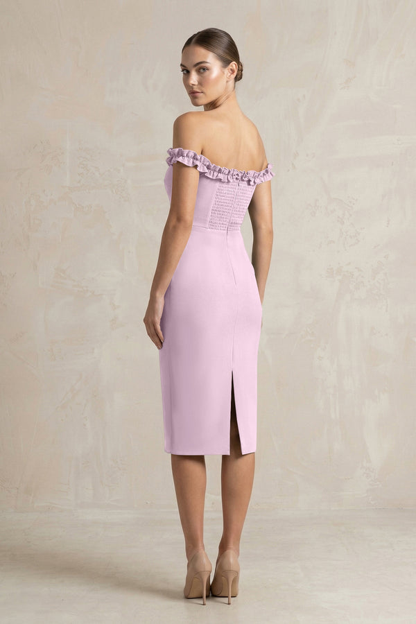 Off - the - Shoulder Sheath Ruffled Midi Bridesmaid Dress in Lilac - KissProm Bridesmaid Dresses