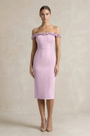 Off - the - Shoulder Sheath Ruffled Midi Bridesmaid Dress in Lilac - KissProm Bridesmaid Dresses