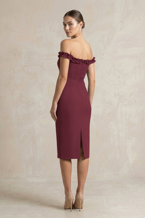 Off - the - Shoulder Sheath Ruffled Midi Bridesmaid Dress in Magenta - KissProm Bridesmaid Dresses