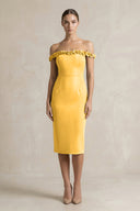 Off - the - Shoulder Sheath Ruffled Midi Bridesmaid Dress in Marigold - KissProm Bridesmaid Dresses