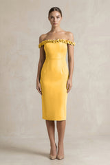 Off - the - Shoulder Sheath Ruffled Midi Bridesmaid Dress in Marigold - KissProm Bridesmaid Dresses