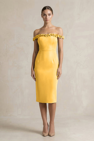 Off - the - Shoulder Sheath Ruffled Midi Bridesmaid Dress in Marigold - KissProm Bridesmaid Dresses