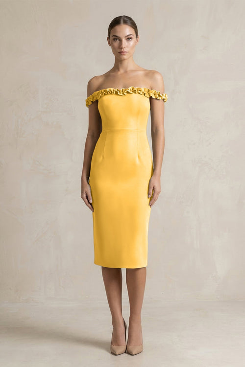 Off - the - Shoulder Sheath Ruffled Midi Bridesmaid Dress in Marigold - KissProm Bridesmaid Dresses