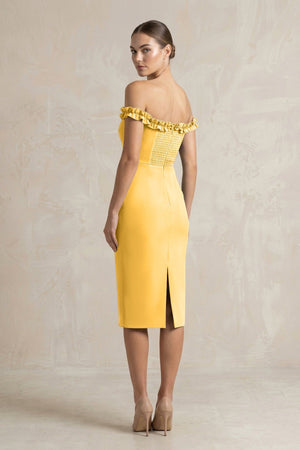Off - the - Shoulder Sheath Ruffled Midi Bridesmaid Dress in Marigold - KissProm Bridesmaid Dresses