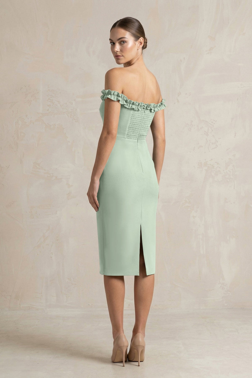 Off - the - Shoulder Sheath Ruffled Midi Bridesmaid Dress in Matcha - KissProm Bridesmaid Dresses