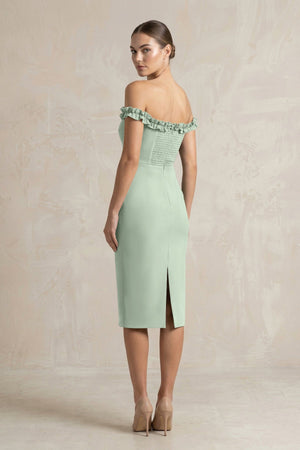 Off - the - Shoulder Sheath Ruffled Midi Bridesmaid Dress in Matcha - KissProm Bridesmaid Dresses