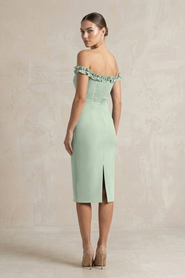 Off - the - Shoulder Sheath Ruffled Midi Bridesmaid Dress in Matcha - KissProm Bridesmaid Dresses