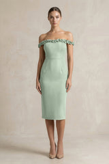 Off - the - Shoulder Sheath Ruffled Midi Bridesmaid Dress in Matcha - KissProm Bridesmaid Dresses