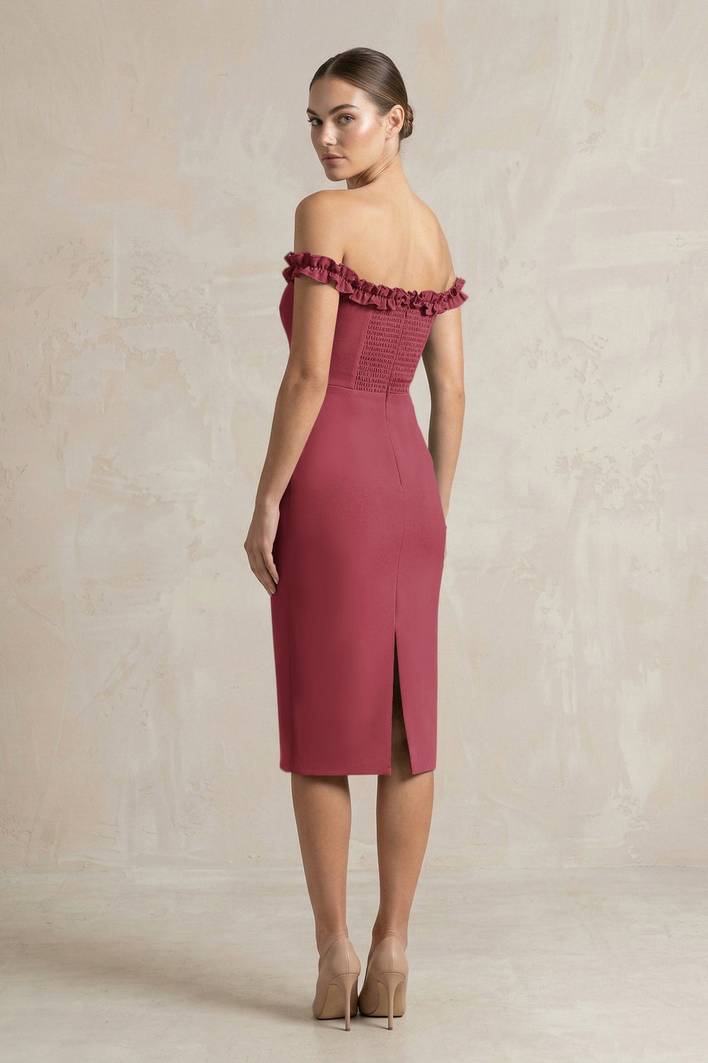 Off - the - Shoulder Sheath Ruffled Midi Bridesmaid Dress in Merlot - KissProm Bridesmaid Dresses