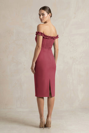 Off - the - Shoulder Sheath Ruffled Midi Bridesmaid Dress in Merlot - KissProm Bridesmaid Dresses