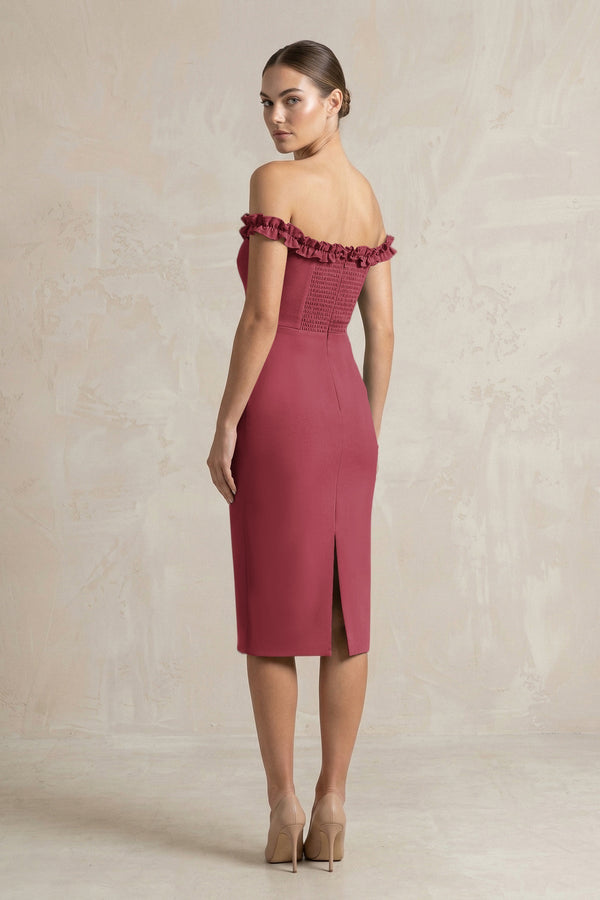 Off - the - Shoulder Sheath Ruffled Midi Bridesmaid Dress in Merlot - KissProm Bridesmaid Dresses