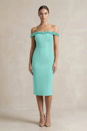 Off - the - Shoulder Sheath Ruffled Midi Bridesmaid Dress in Mint Green - KissProm Bridesmaid Dresses