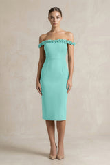Off - the - Shoulder Sheath Ruffled Midi Bridesmaid Dress in Mint Green - KissProm Bridesmaid Dresses