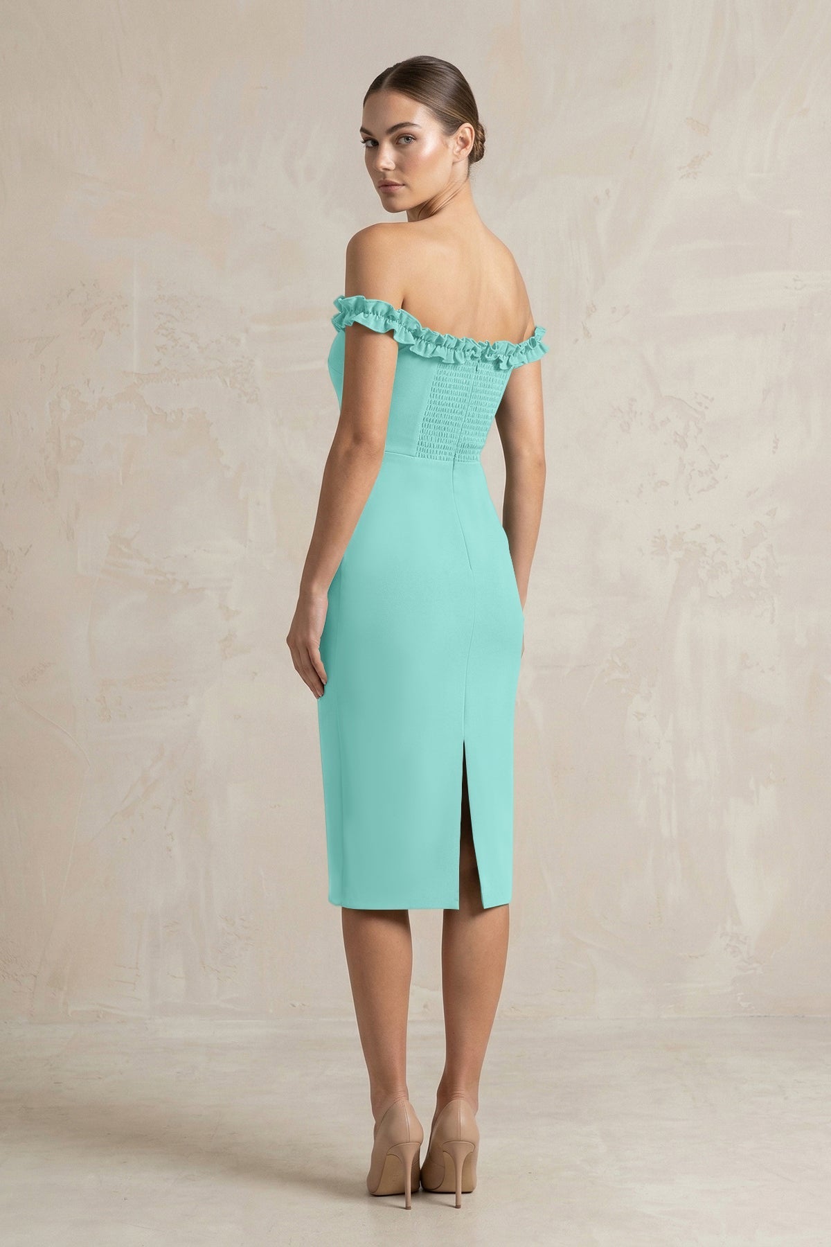 Off-the-Shoulder Sheath Ruffled Midi Bridesmaid Dress in Mint Green