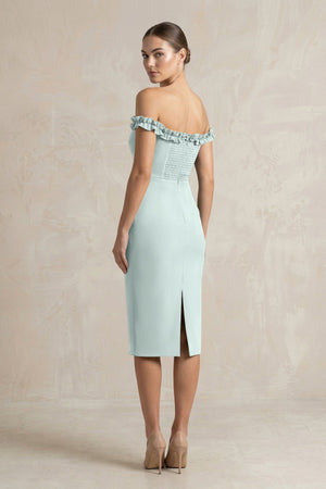 Off - the - Shoulder Sheath Ruffled Midi Bridesmaid Dress in Mist - KissProm Bridesmaid Dresses