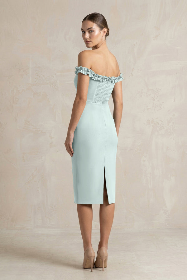 Off - the - Shoulder Sheath Ruffled Midi Bridesmaid Dress in Mist - KissProm Bridesmaid Dresses