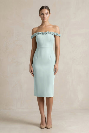 Off - the - Shoulder Sheath Ruffled Midi Bridesmaid Dress in Mist - KissProm Bridesmaid Dresses