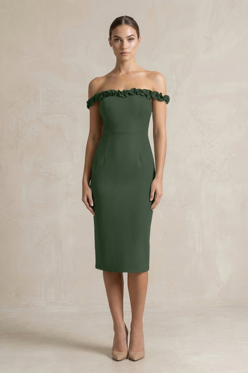 Off - the - Shoulder Sheath Ruffled Midi Bridesmaid Dress in Moss - KissProm Bridesmaid Dresses