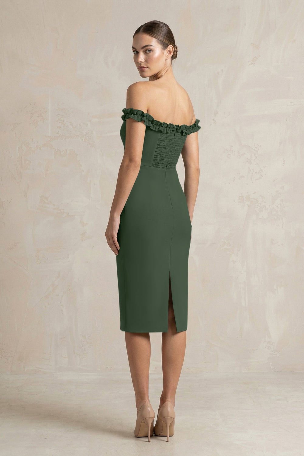 Off - the - Shoulder Sheath Ruffled Midi Bridesmaid Dress in Moss - KissProm Bridesmaid Dresses