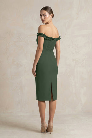 Off - the - Shoulder Sheath Ruffled Midi Bridesmaid Dress in Moss - KissProm Bridesmaid Dresses