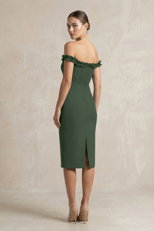 Off - the - Shoulder Sheath Ruffled Midi Bridesmaid Dress in Moss - KissProm Bridesmaid Dresses
