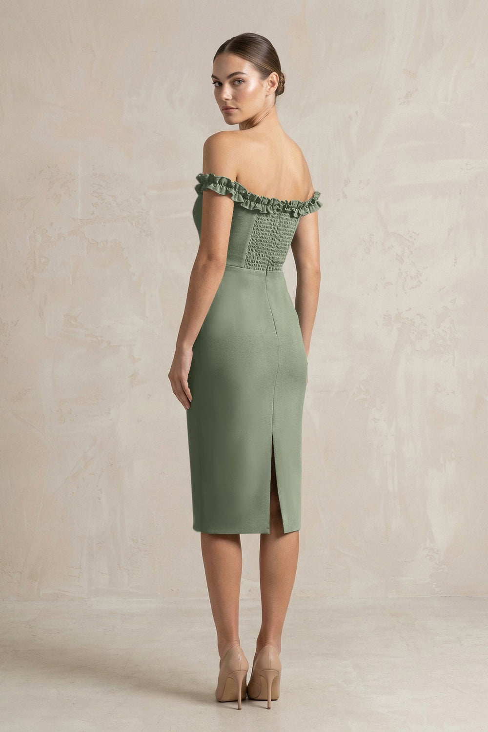 Off - the - Shoulder Sheath Ruffled Midi Bridesmaid Dress in Moss Green - KissProm Bridesmaid Dresses