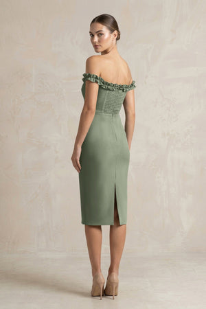 Off - the - Shoulder Sheath Ruffled Midi Bridesmaid Dress in Moss Green - KissProm Bridesmaid Dresses