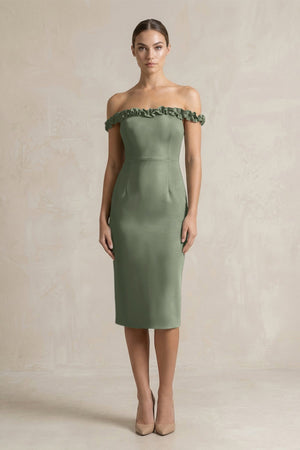 Off - the - Shoulder Sheath Ruffled Midi Bridesmaid Dress in Moss Green - KissProm Bridesmaid Dresses